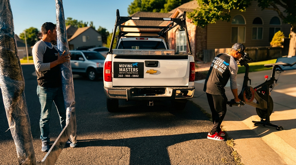 Crew loading equipment into a pickup truck in a Denver neighborhood